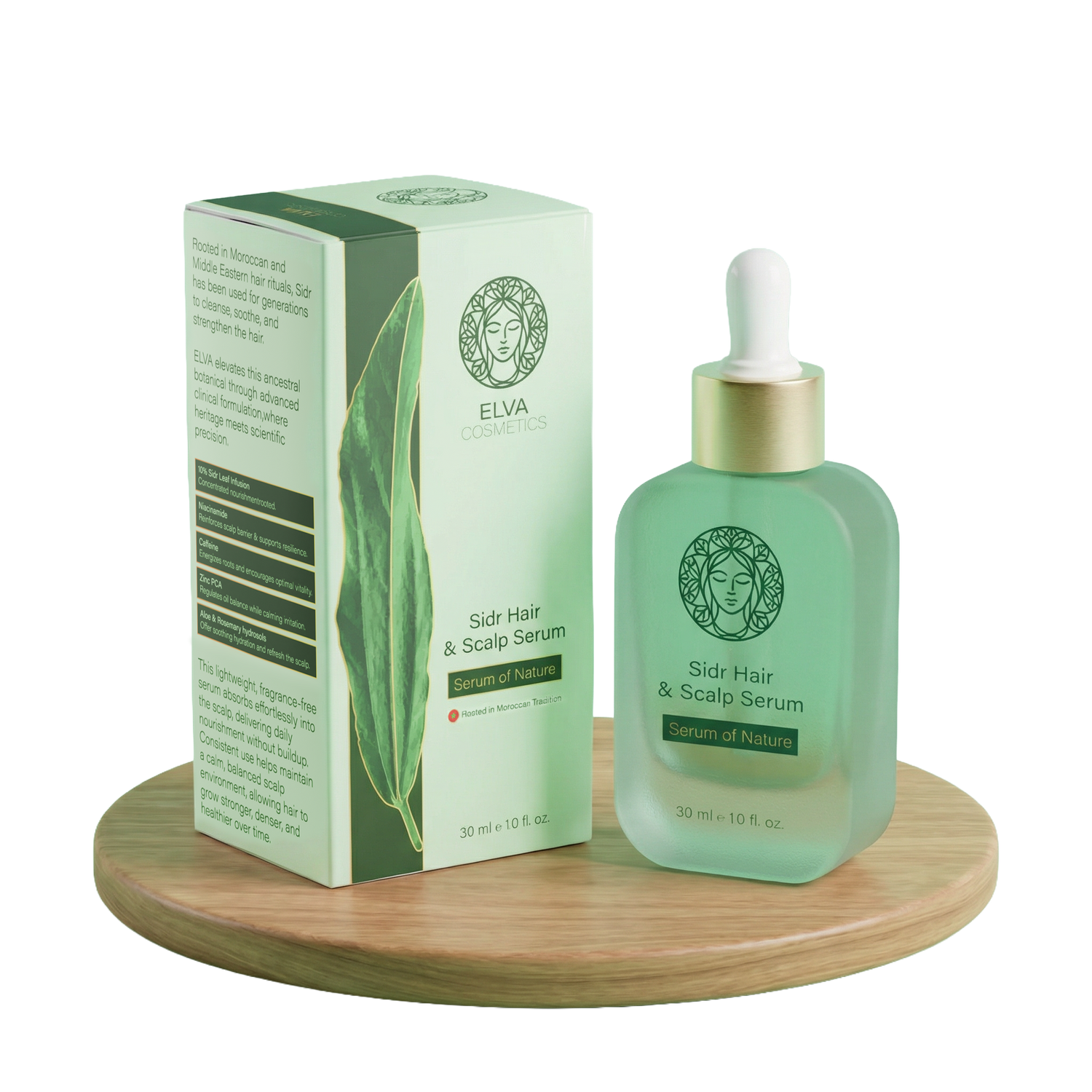 Elva Sidr Hair & Scalp Serum bottle and packaging on a wooden stand with a white background
