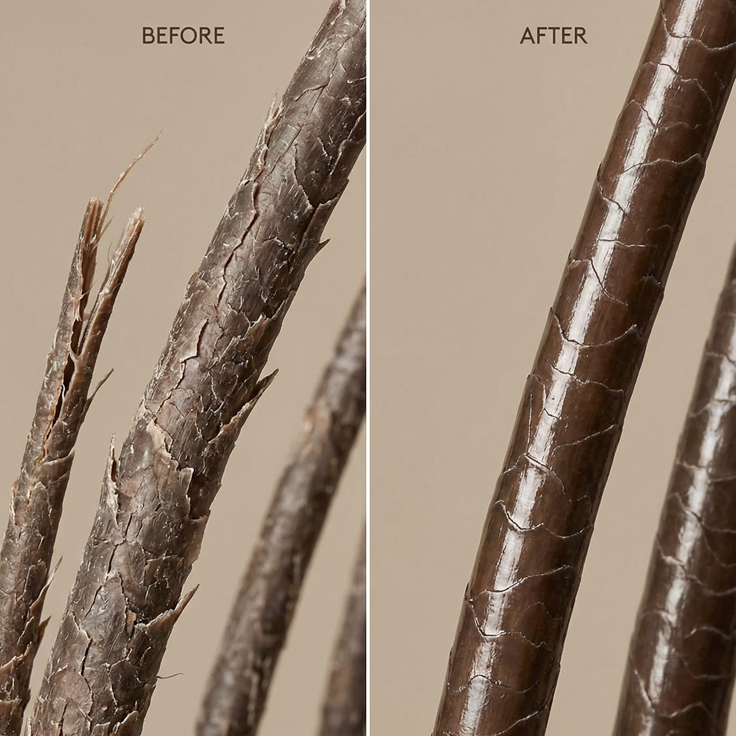 Comparison of a plant stem before and after treatment on a beige background
