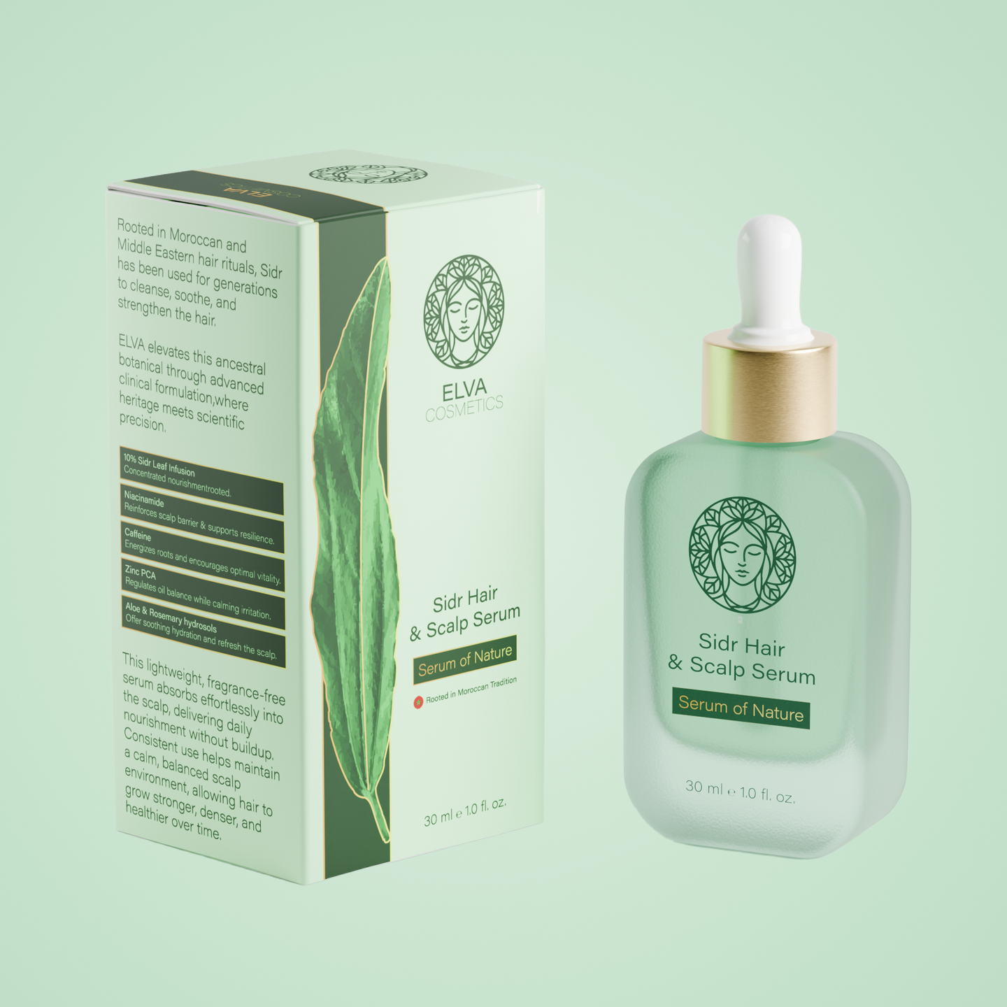 Elva Sidr Hair & Scalp Serum bottle and packaging on a light green background