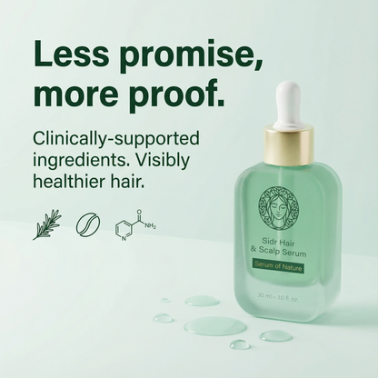 Hair serum bottle with text about clinically-supported ingredients on a light green background