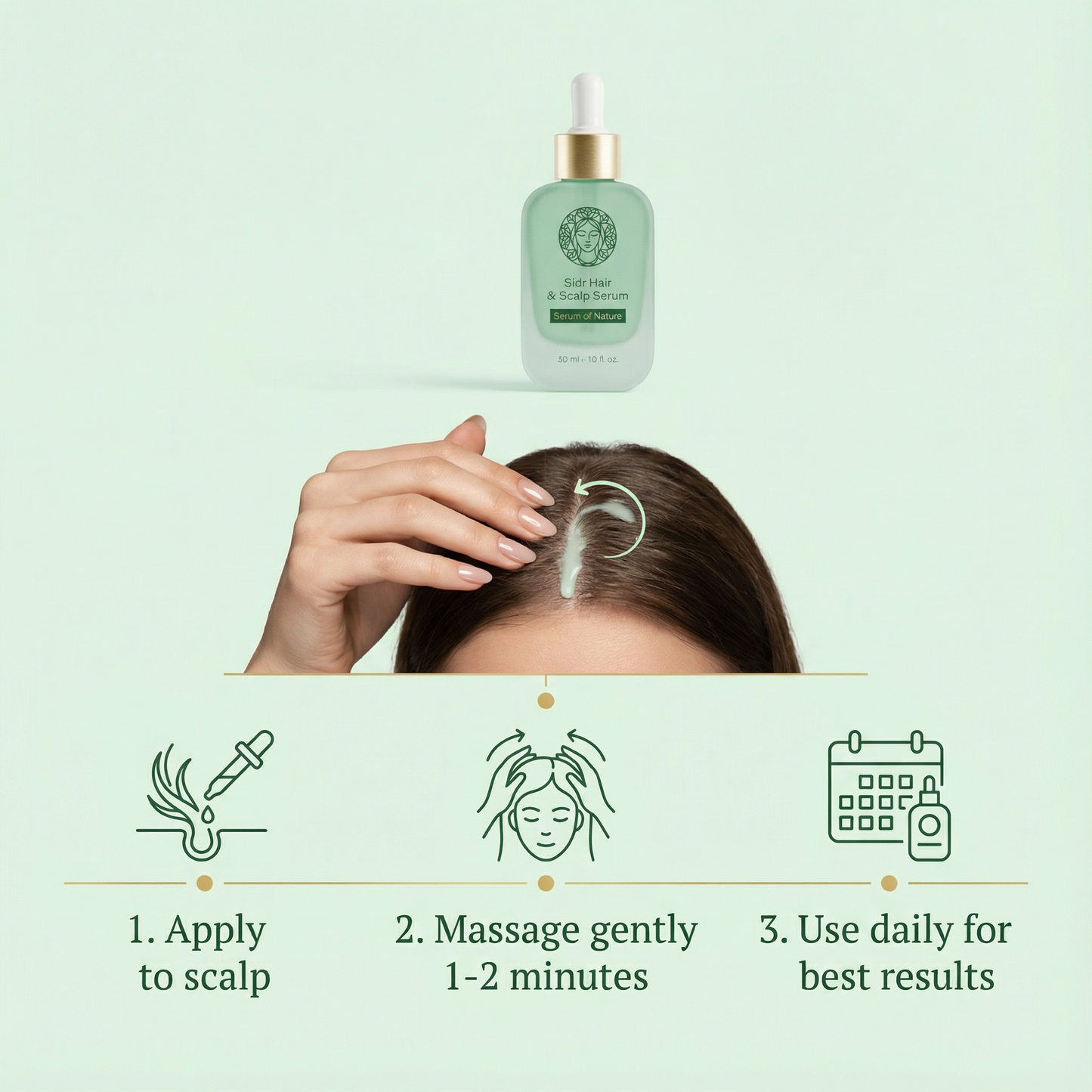 Hair oil bottle with usage instructions on a light green background