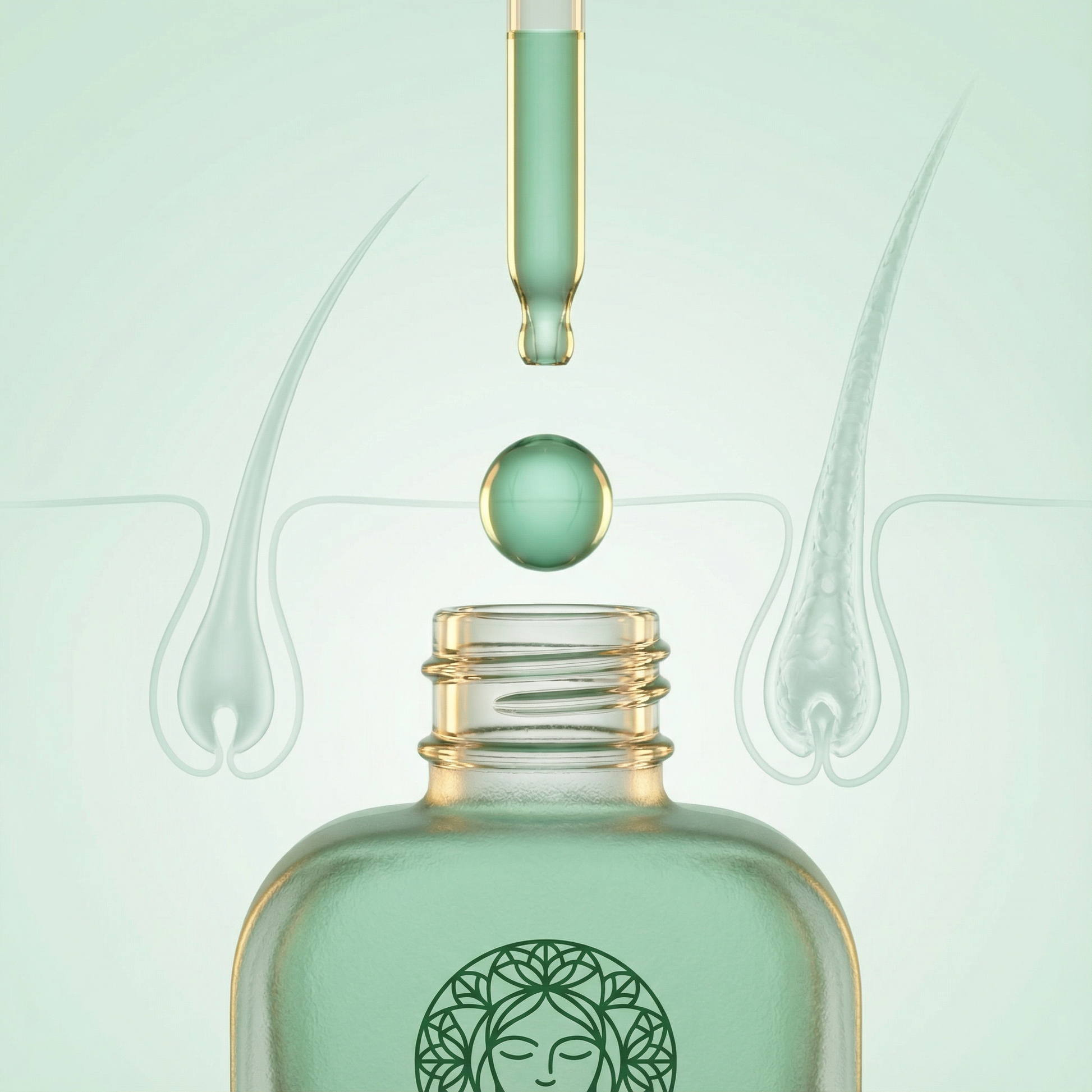 Mint green dropper bottle with a gold cap on a light green background