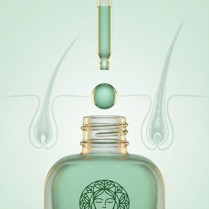 Mint green dropper bottle with a gold cap on a light green background