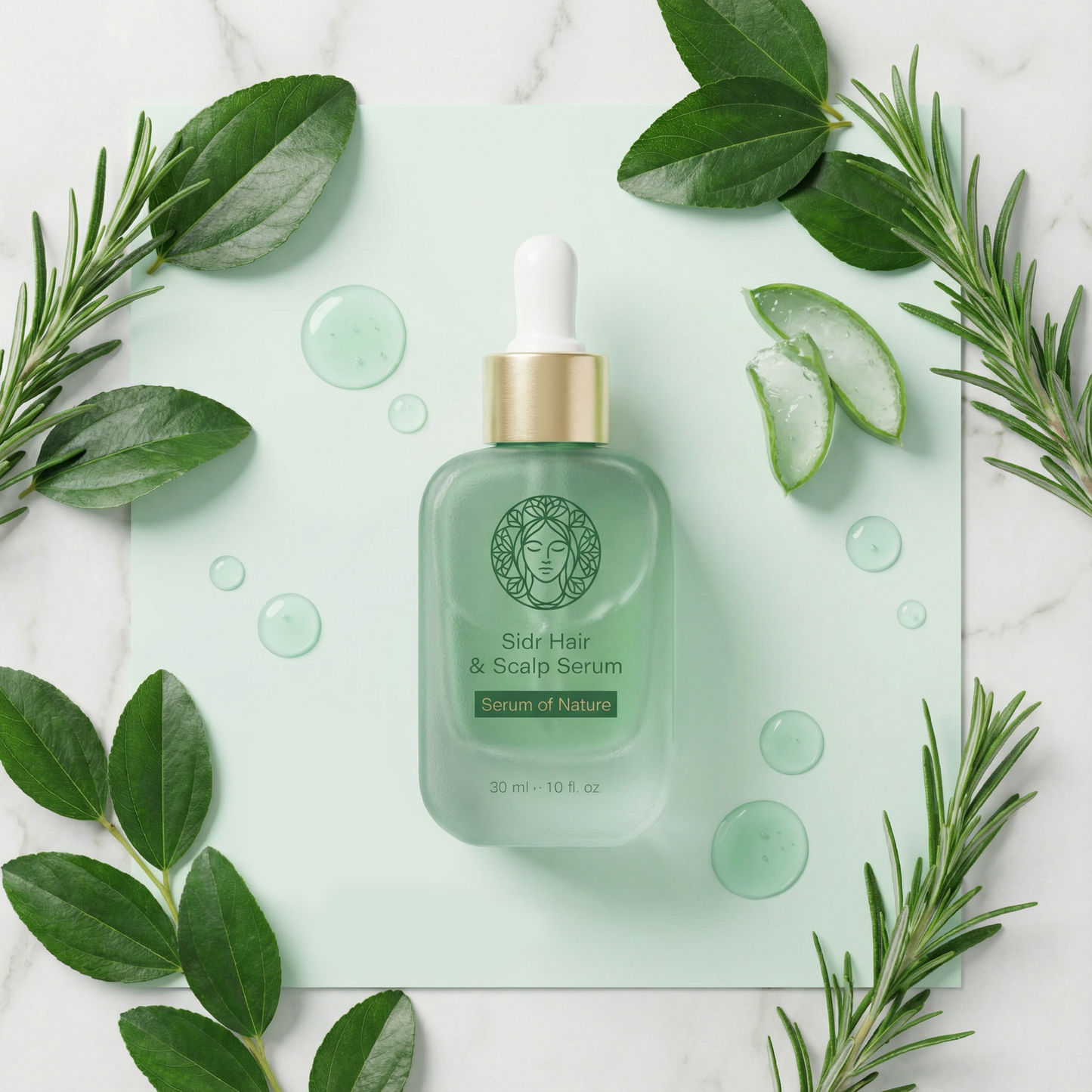 Green serum bottle with leaves and droplets on a light background