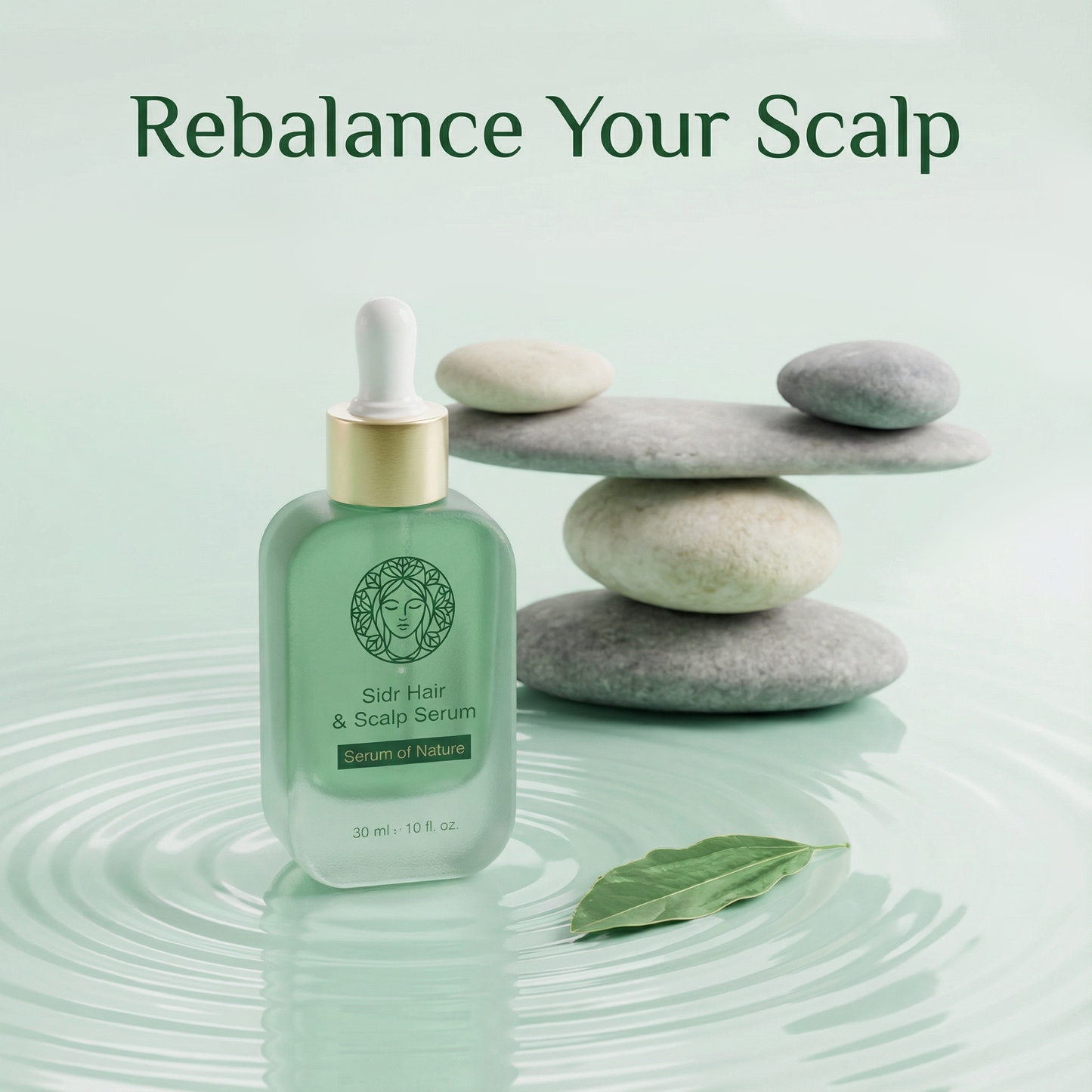 Green bottle of scalp serum with stones and leaf on a light green background
