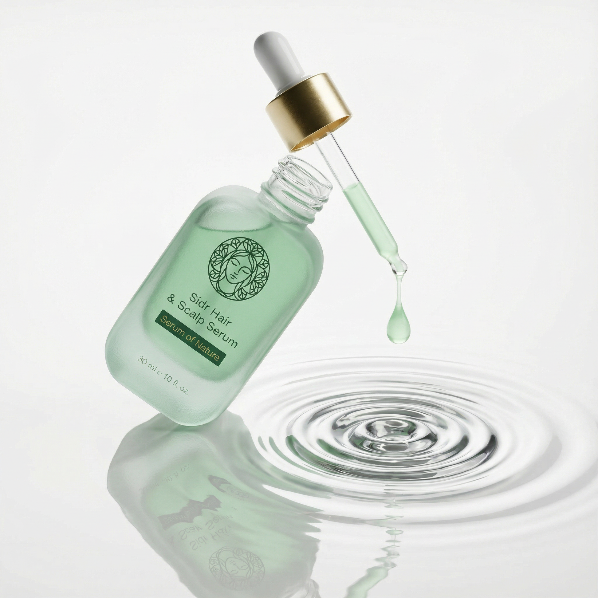 Sidr Hair serum bottle with dropper on a reflective water surface