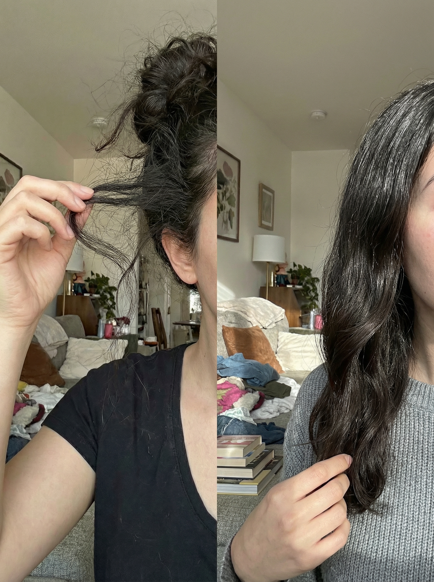 Before and after comparison of hair extensions in a living room setting.